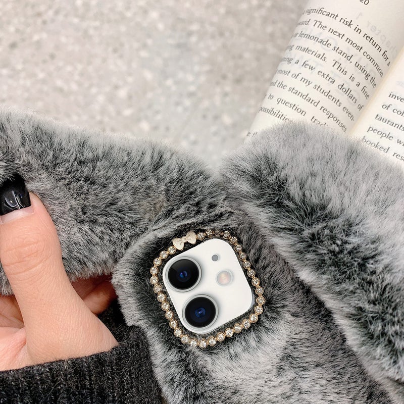 Omio for iPhone 11 Rabbit Faux Fur Case, Soft Handmade Fluffy Furry Cute Bunny Plush Rabbit Warm Big Ear Bling Crystal Rhinestone Bowknot Ultra Thin Cover for Women Girls Dark Gray - Image 4